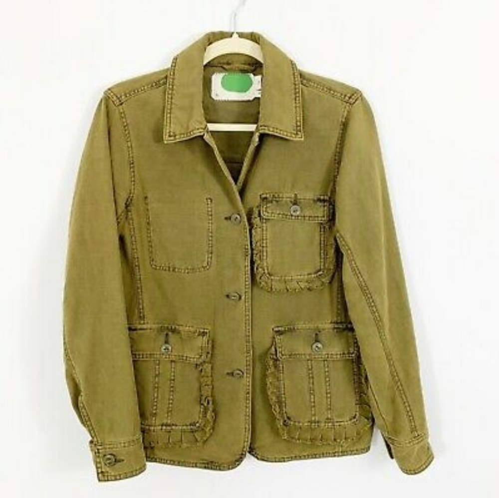 Anthropologie Green Field Ruffled Jacket